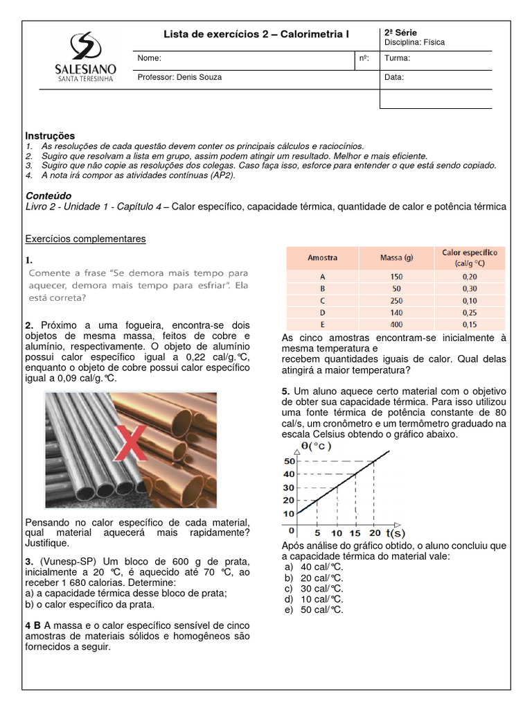 Lista de Exercícios 2 - Calorimetria I | PDF | Calor | Capacidade térmica