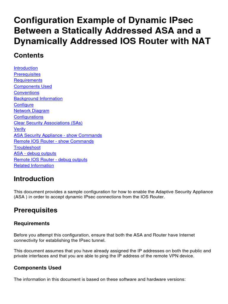Dynamic IPsec Configuration: ASA & IOS Router with NAT | PDF | Computer  Network | Router (Computing)