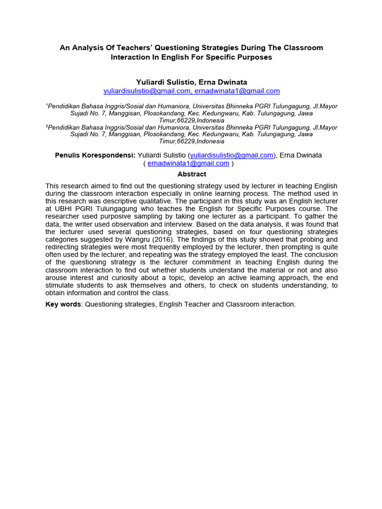 2 An Analysis Teachers Questioning Strategies In Esp Course Pdf