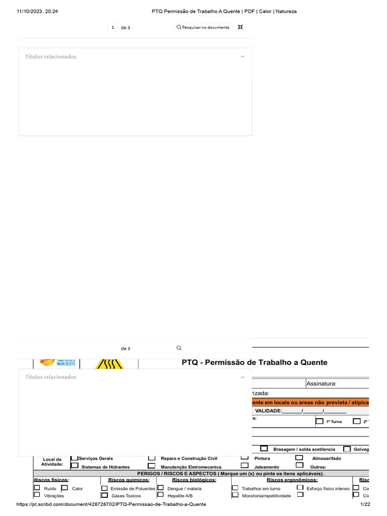 PTQ Permissão de Trabalho A Quente - PDF - Calor - Natureza | PDF