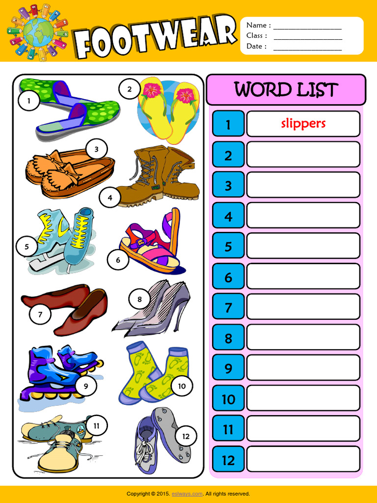 Footwear Esl Vocabulary Write The Words Worksheet For Kids PDF