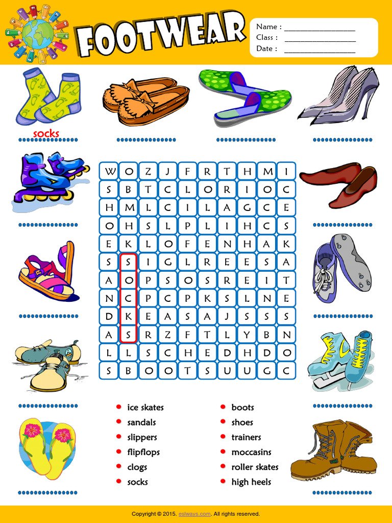 Footwear Esl Vocabulary Word Search Worksheet For Kids PDF