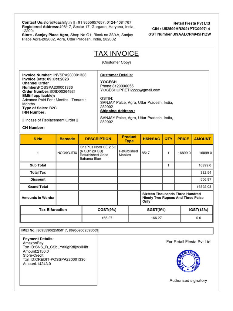 OnePlus Invoice for Nord CE 2 Purchase | PDF