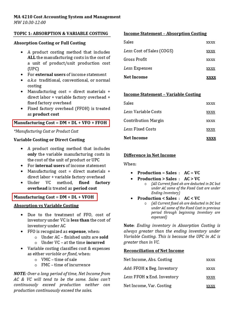 Absorption vs Variable Costing Explained | PDF | Cost Of Goods Sold ...