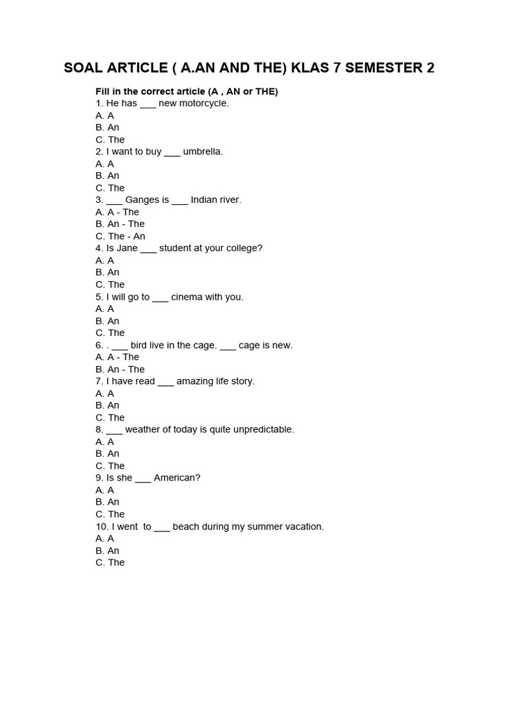 Articles Practice for 7th Grade Students | PDF | Language Arts & Discipline