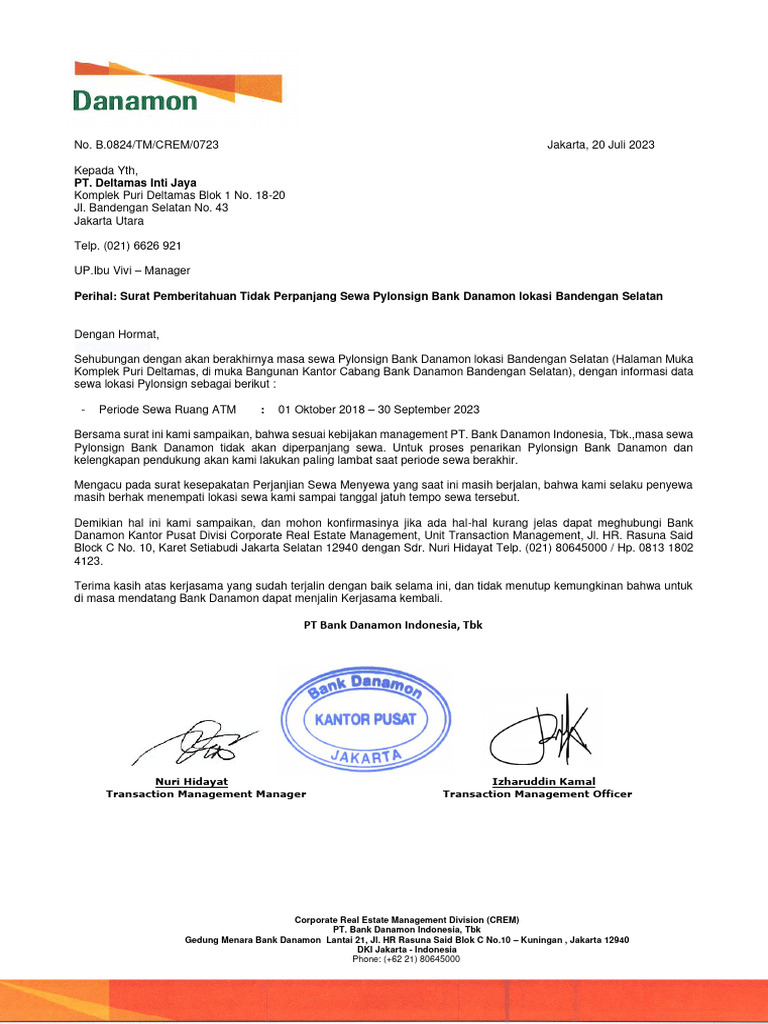 Surat Pemberitahuan Tidak Perpanjang Sewa Pylonsign Bank Danamon Lokasi ...