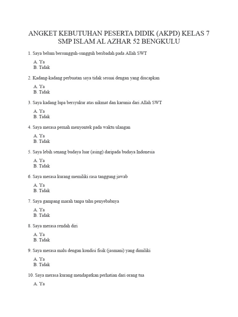 Angket Kebutuhan Peserta Didik Akpd 7 Pdf