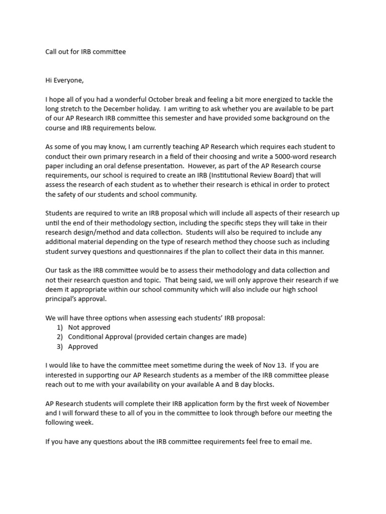 Call Out For IRB Committee | PDF