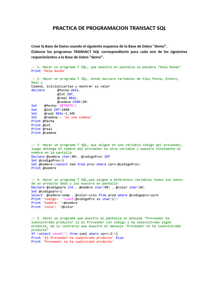 Practica de Programacion Transact SQL: 'Hola Mundo' | PDF