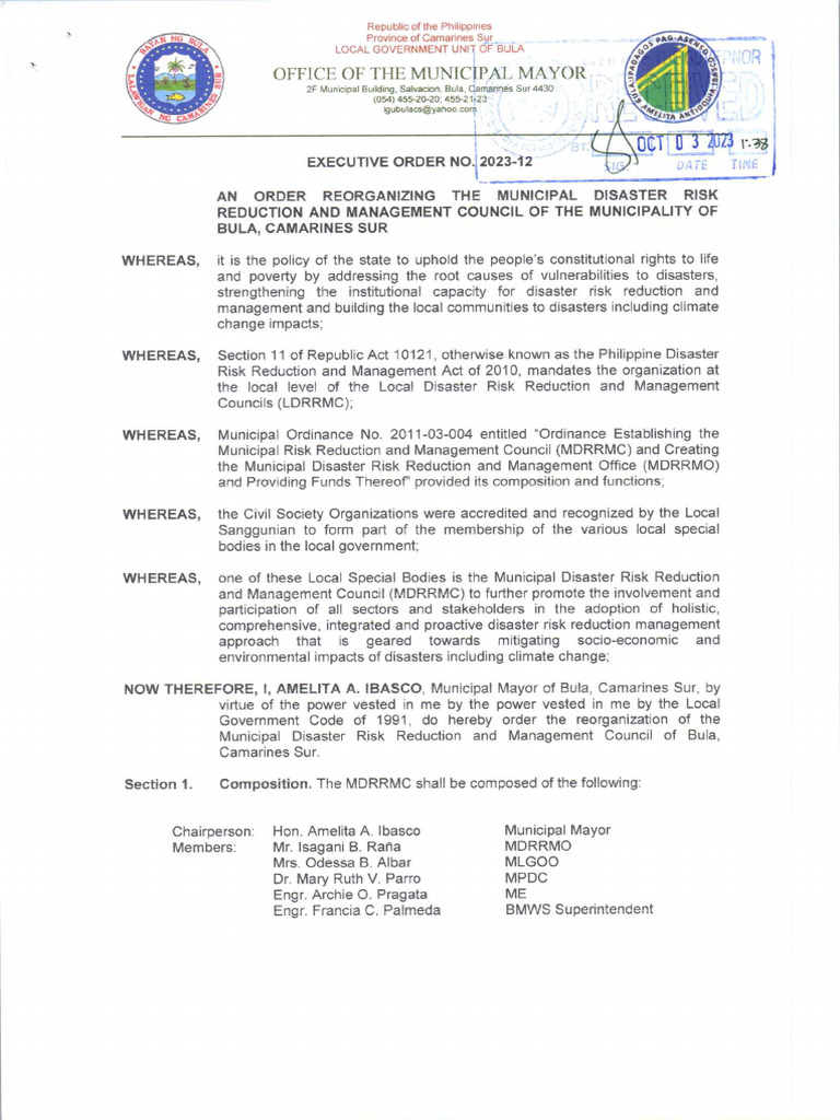 EO 2023-12 Reorganizing The MDRRMC | PDF