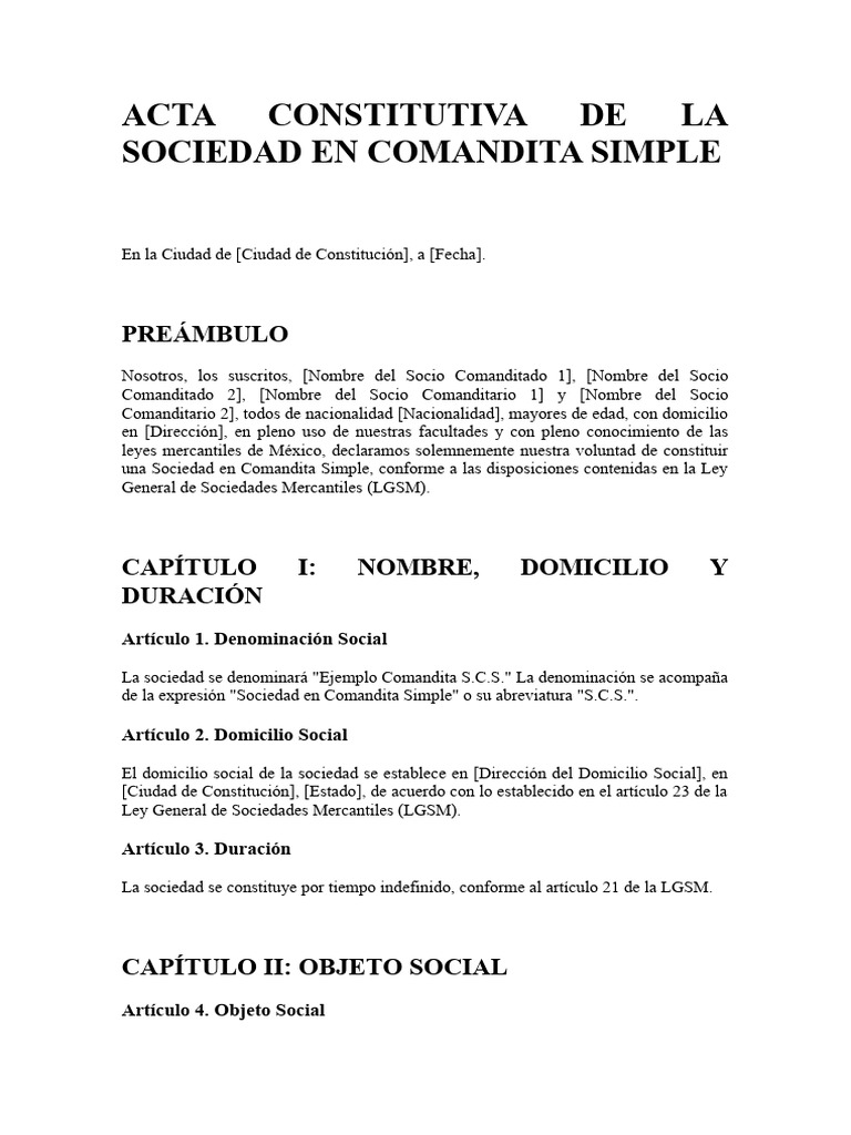 Modelo De Acta De Constitucion De Una Sociedad En Comandita Simple ...