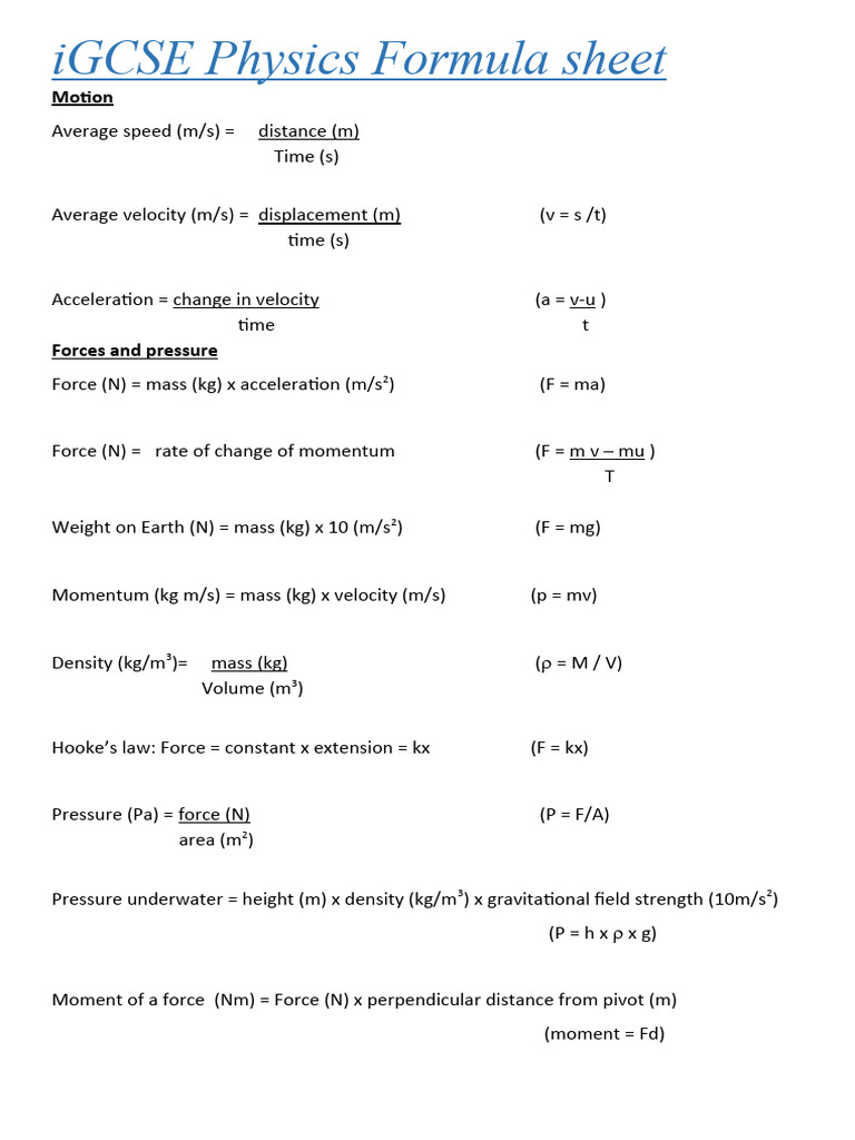 IGCSE Formula Booklet | PDF