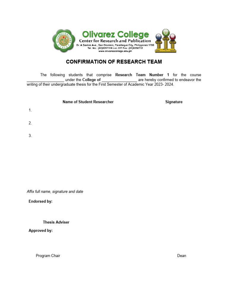 Research Team Confirmation Document | PDF | Thesis | Science