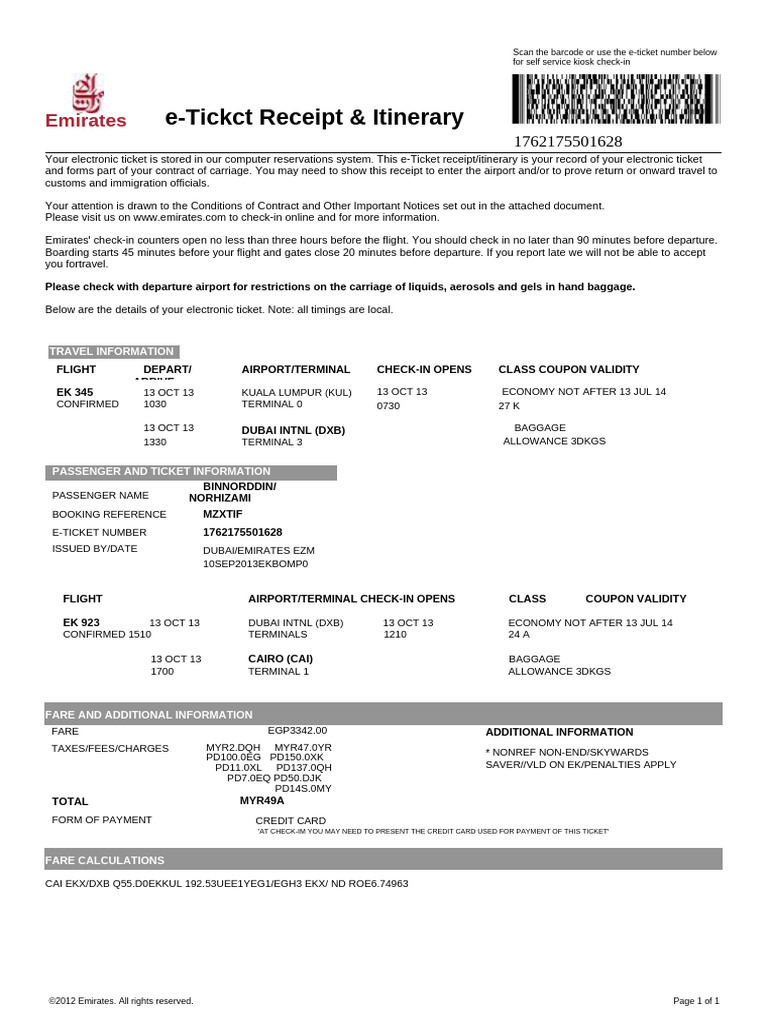 Emirates ETickets Example TOAZ INFO PDF Aviation Transport