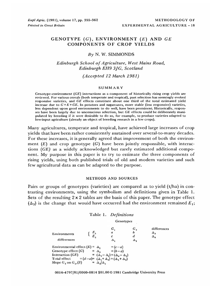 Genotype G Environment E And Ge Pdf