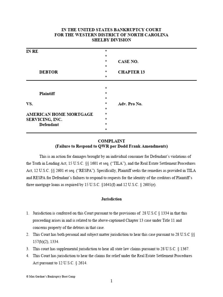 Bankruptcy Complaint: TILA & RESPA Violations | PDF