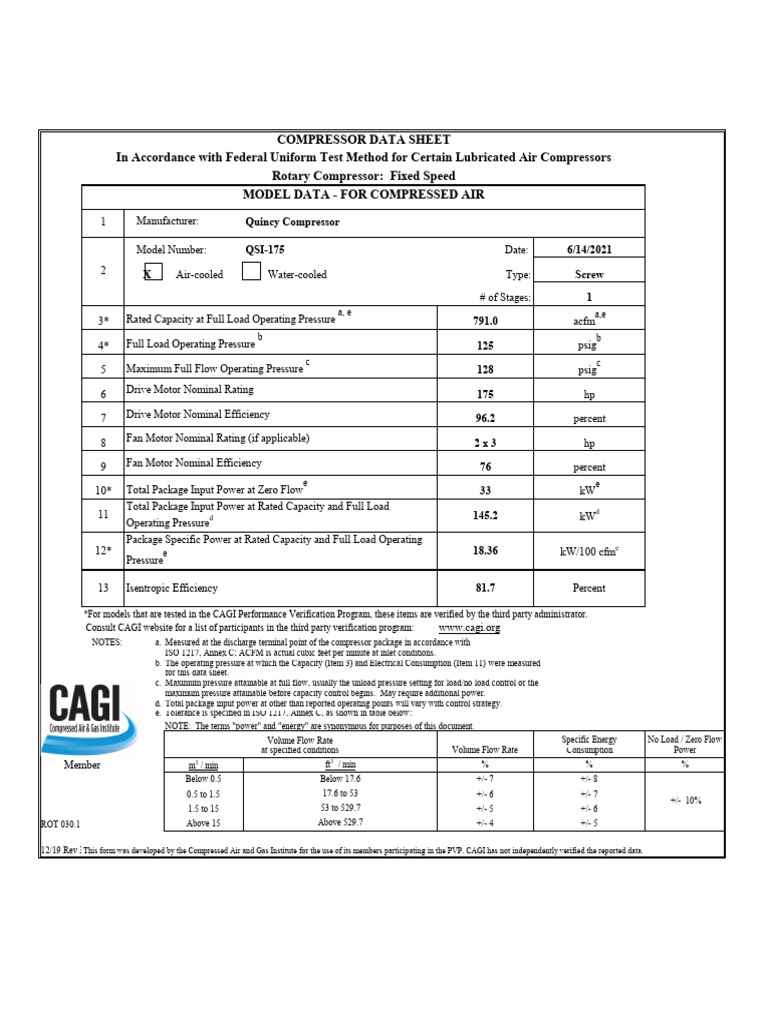Quincy Rotary Air Compressor Data Sheet | PDF