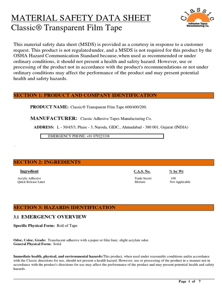 MSDSCLASSIC600Adhesive Tape PDF