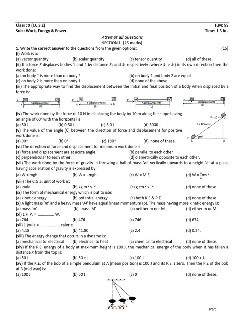ICSE Class 10 Physics: Work, Energy & Power Exam | PDF | Force | Velocity