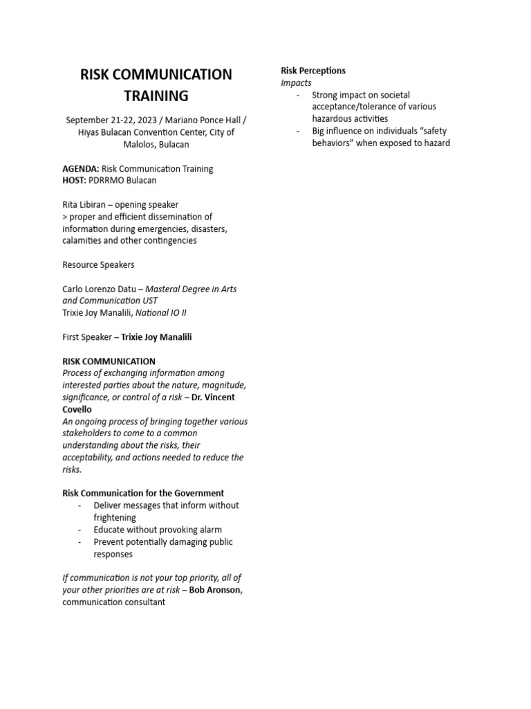 Risk Communication Training Agenda | PDF