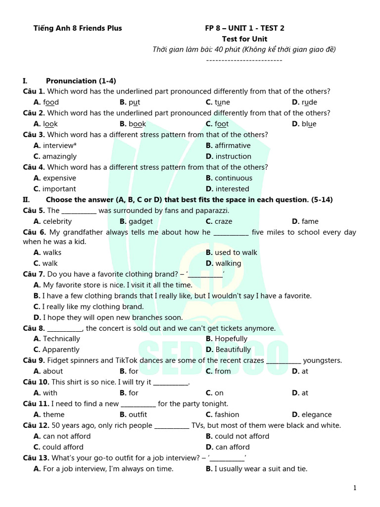 Bài Ôn Tập Học Kì I Unit 1 Test 2 PDF Fashion Social Media