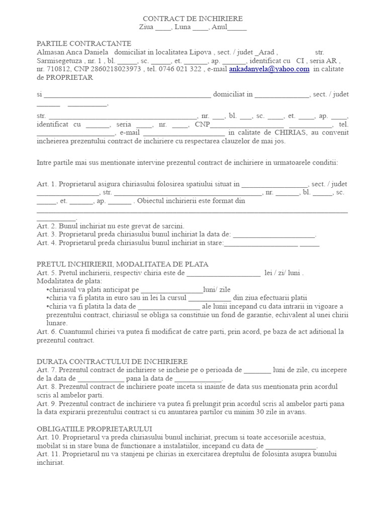 Contract de Inchiriere Model Nou PDF
