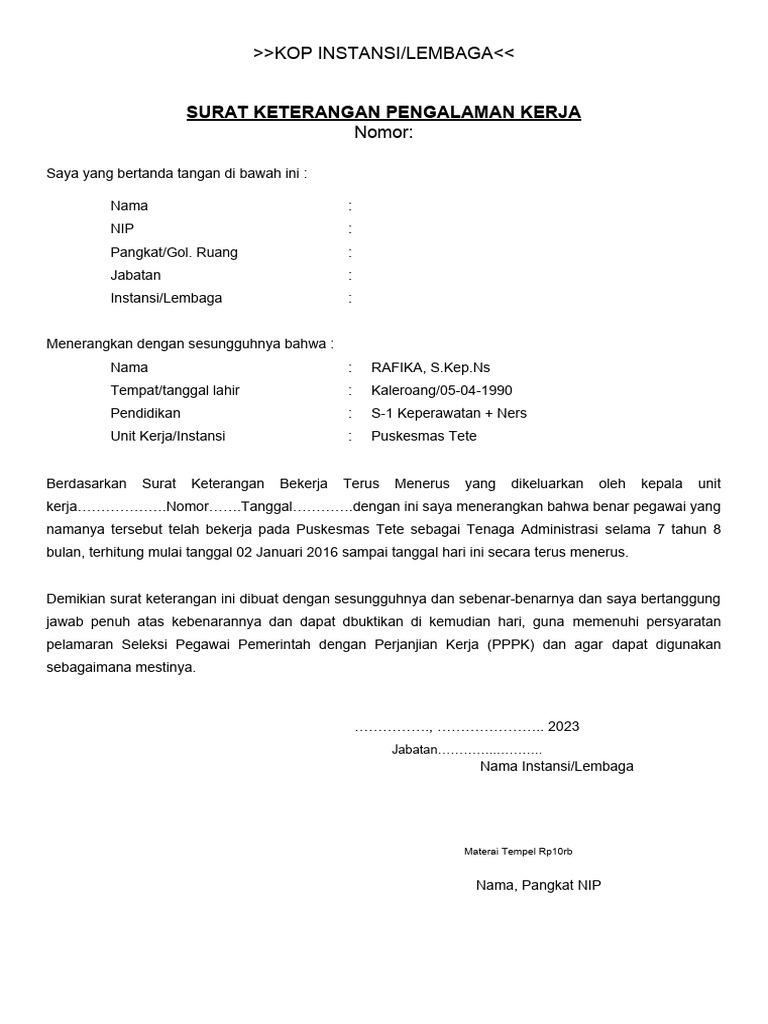 04. Format Surat Keterangan Pengalaman Kerja_PPPK 2023_Touna | PDF