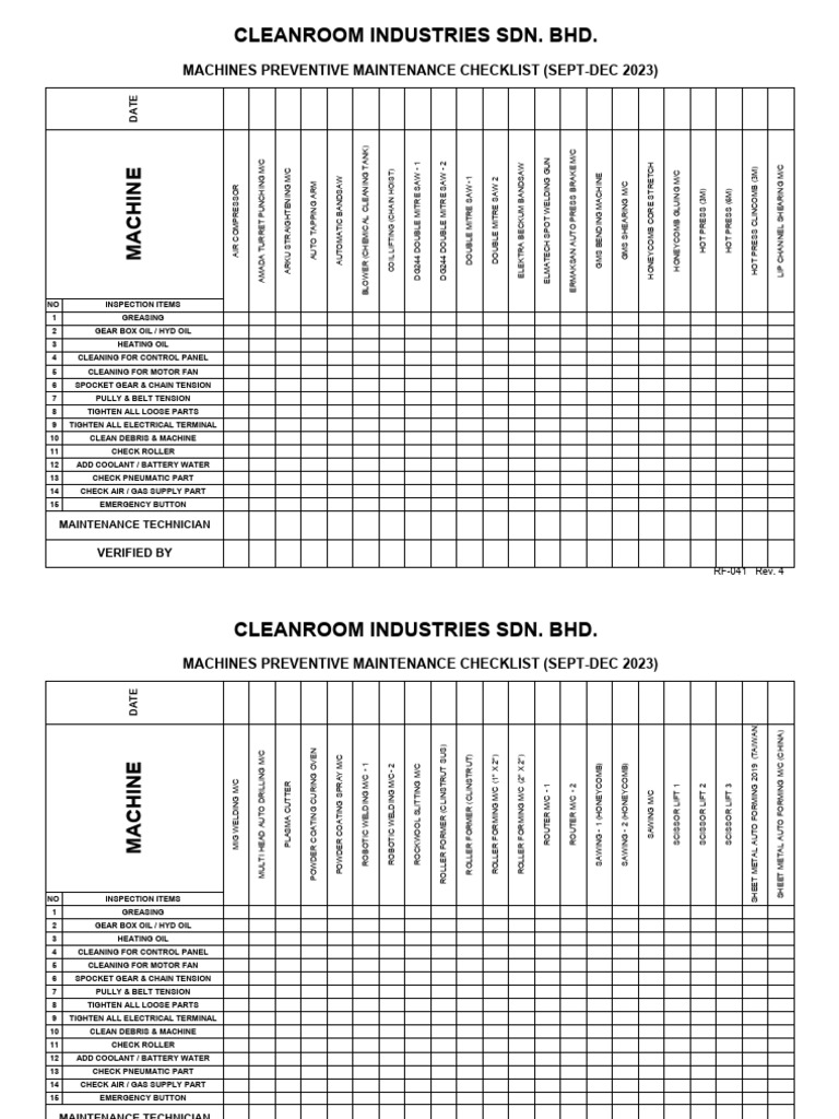 RF041 R4 Machines Preventive Maintenance Checklist PDF