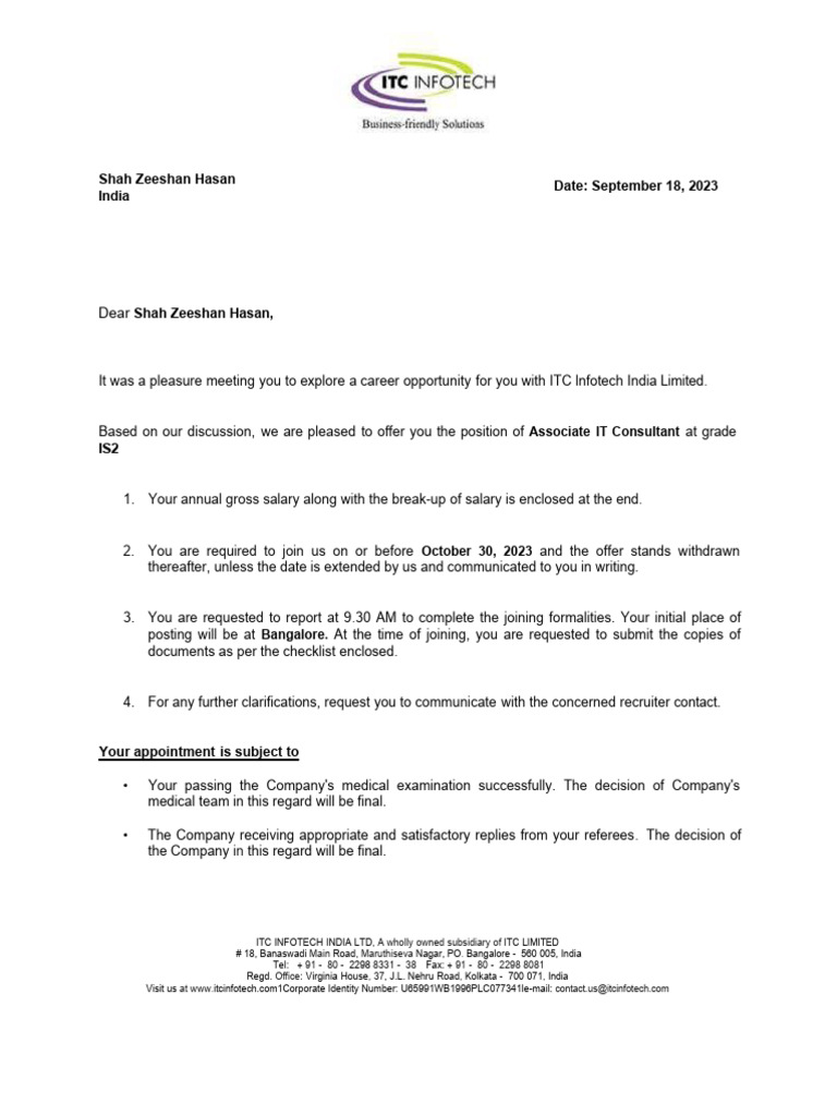 Itc offer letter candidateprofiledwnld pdf