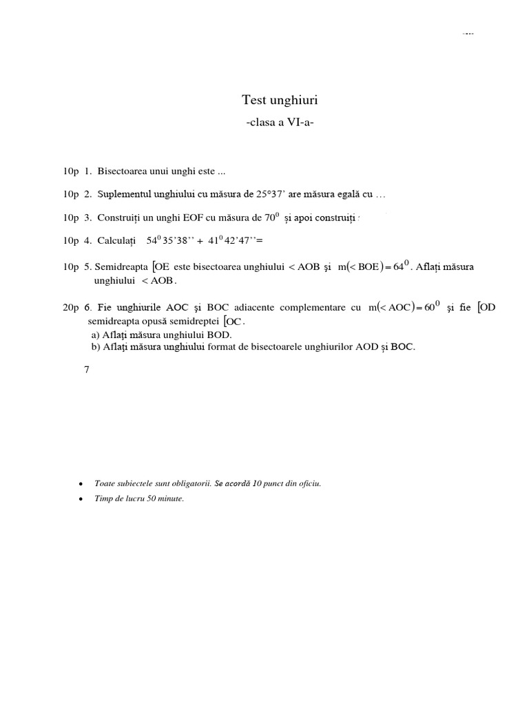 Unghiuri - Cls - VI - Test de Evaluare Formativa | PDF