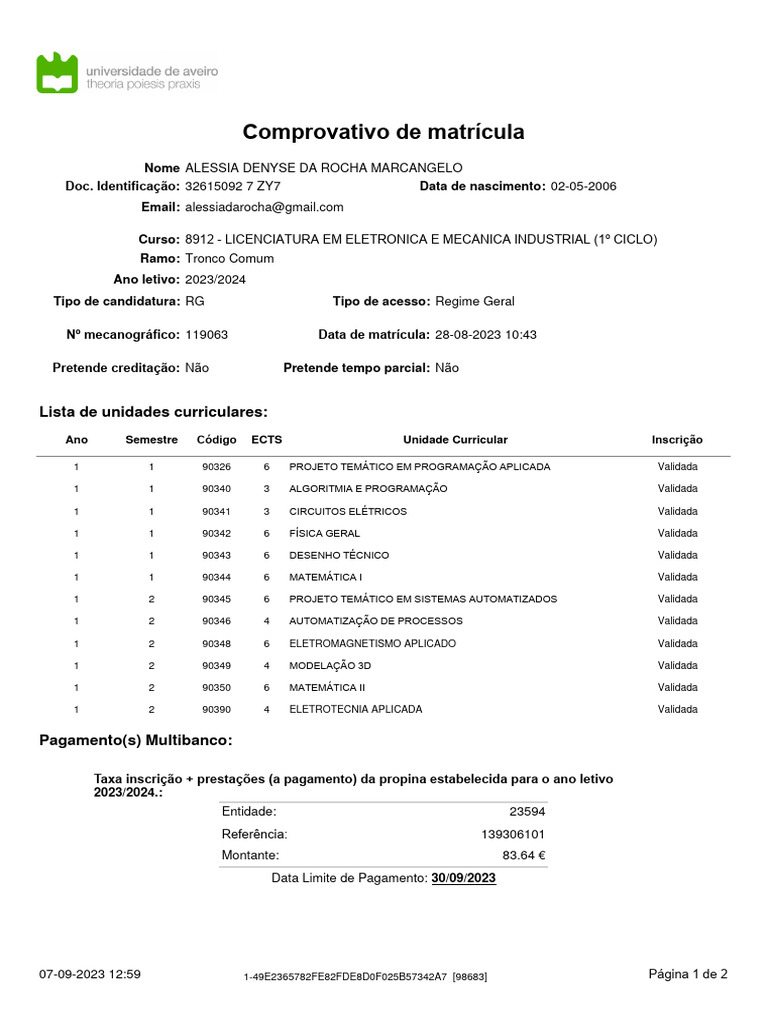 Comprovativo de Matrícula 2023/2024 | PDF | Informação