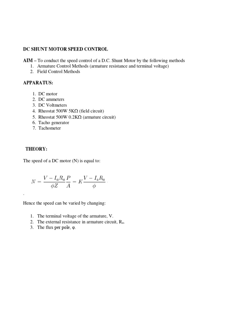 DC Shunt Motor Speed Control | PDF | Electric Motor | Electrical ...