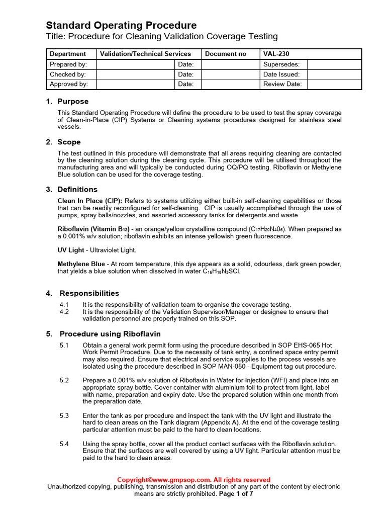 VAL 230 Procedure For Cleaning Validation Coverage Testing Sample | PDF