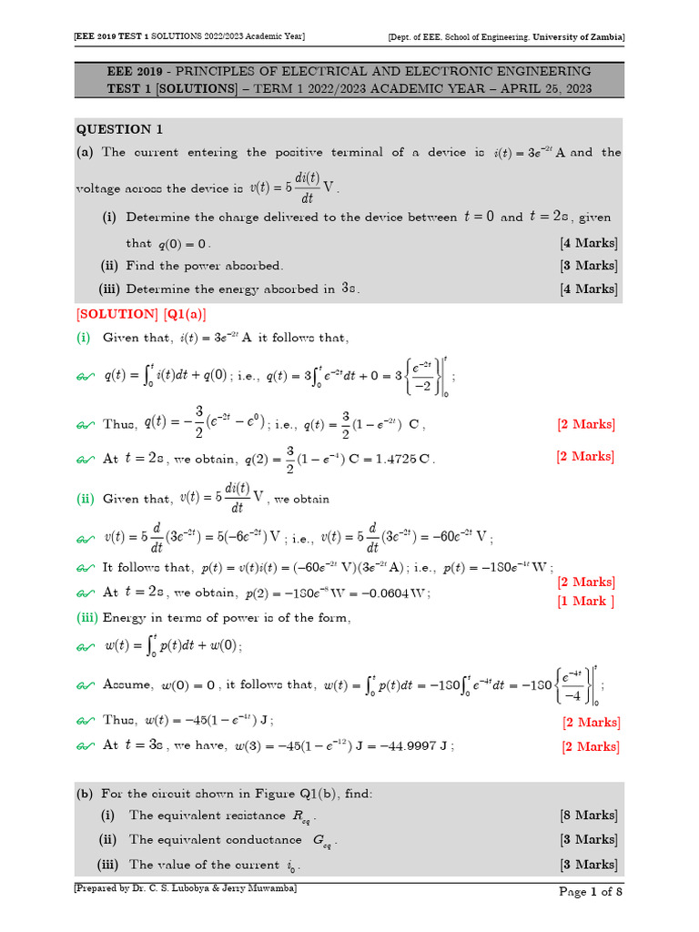 EEE 2019 Test 1 Solutions | PDF | Physical Quantities | Electrical ...