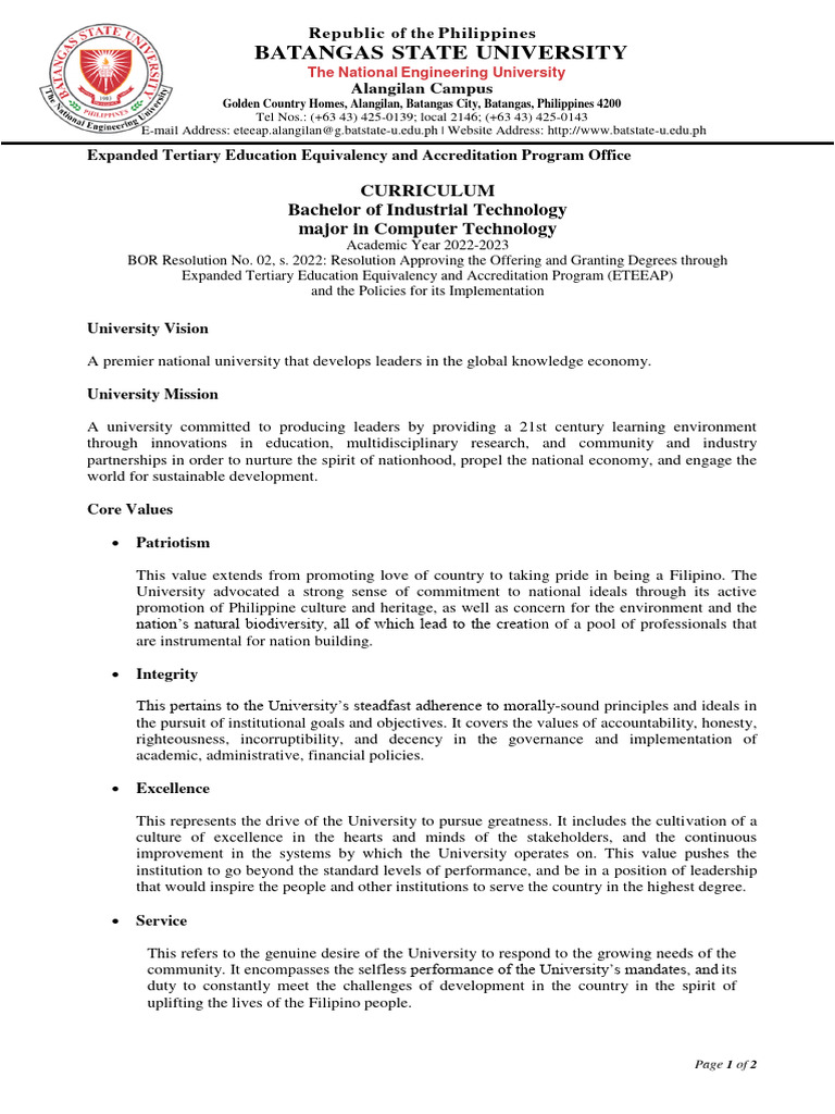 Bachelor of Industrial Technology Curriculum | PDF