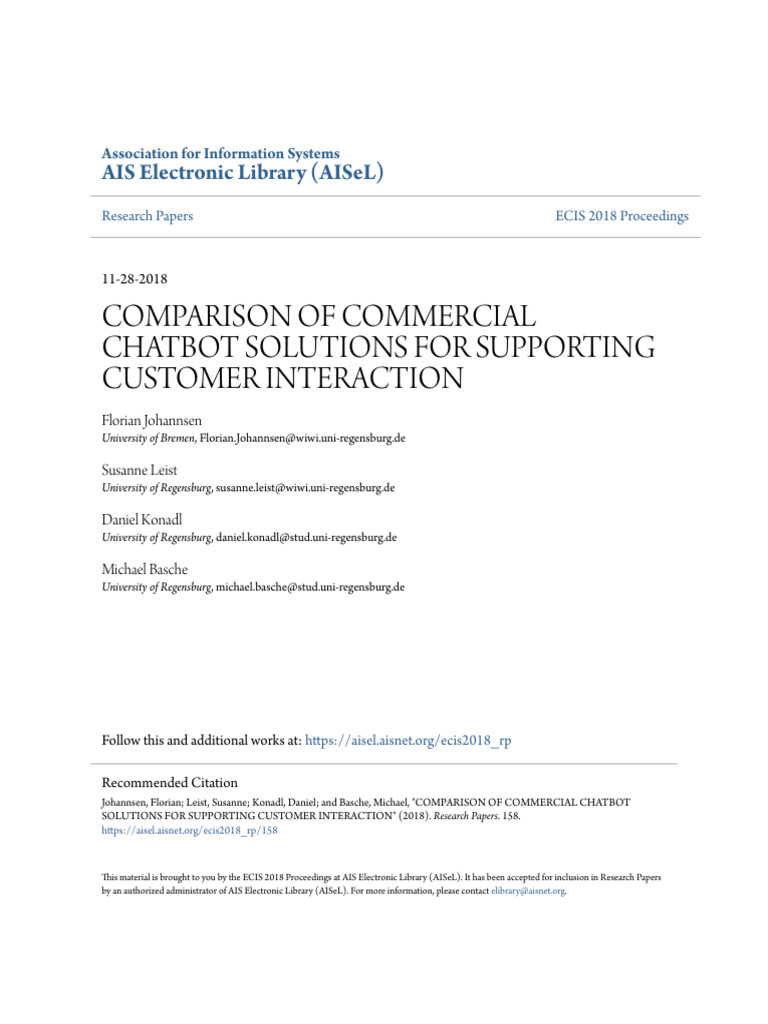 Comparison of Commercial Chatbot Solutions For Supporting Custome | PDF ...