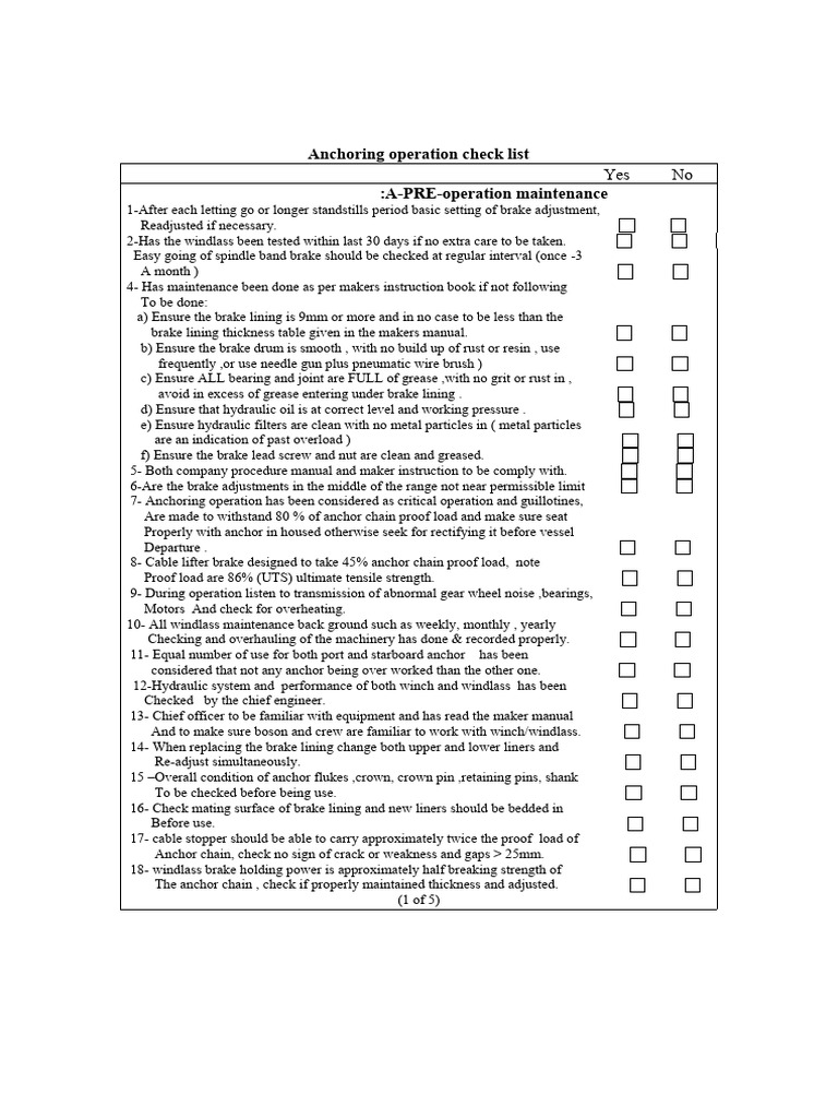 Anchoring Operation Maintenance Checklist | PDF | Anchor | Manufactured ...
