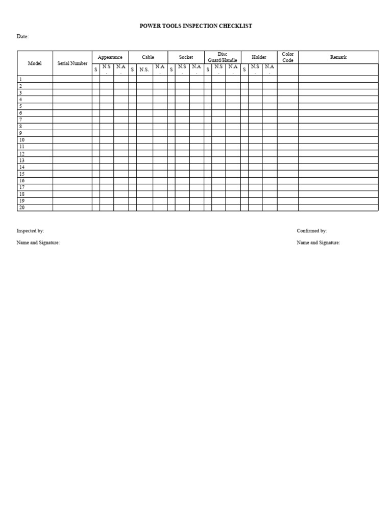 Power Tools Inspection Checklist PDF