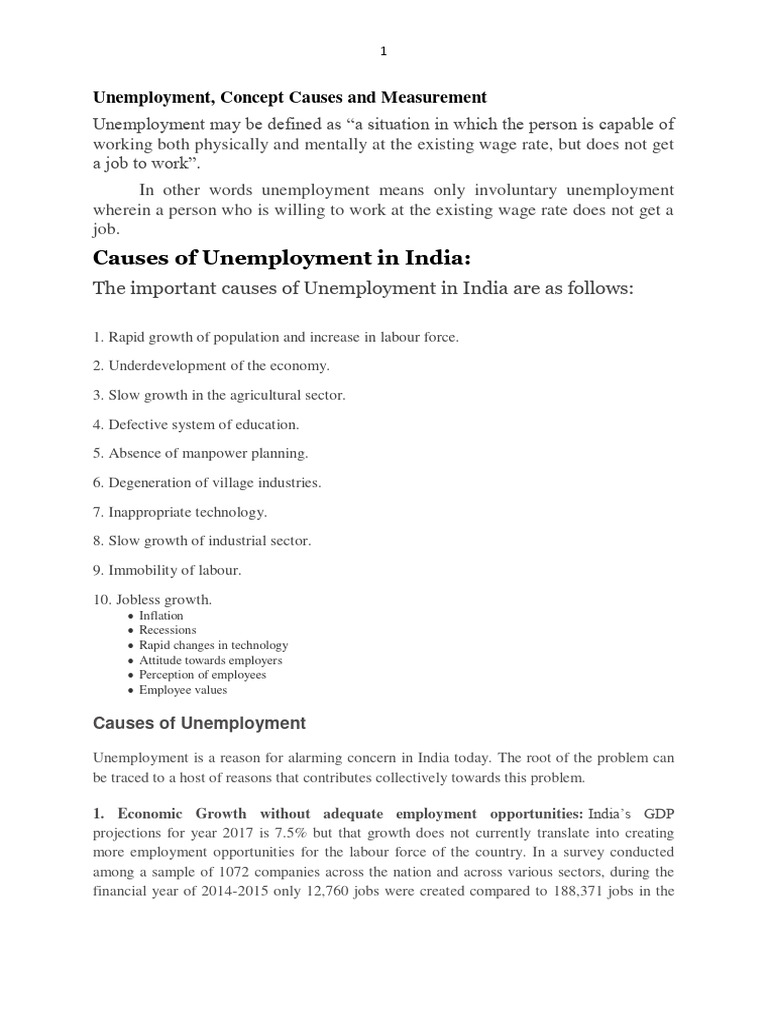 The Important Causes of Unemployment in India Are As Follows | PDF ...