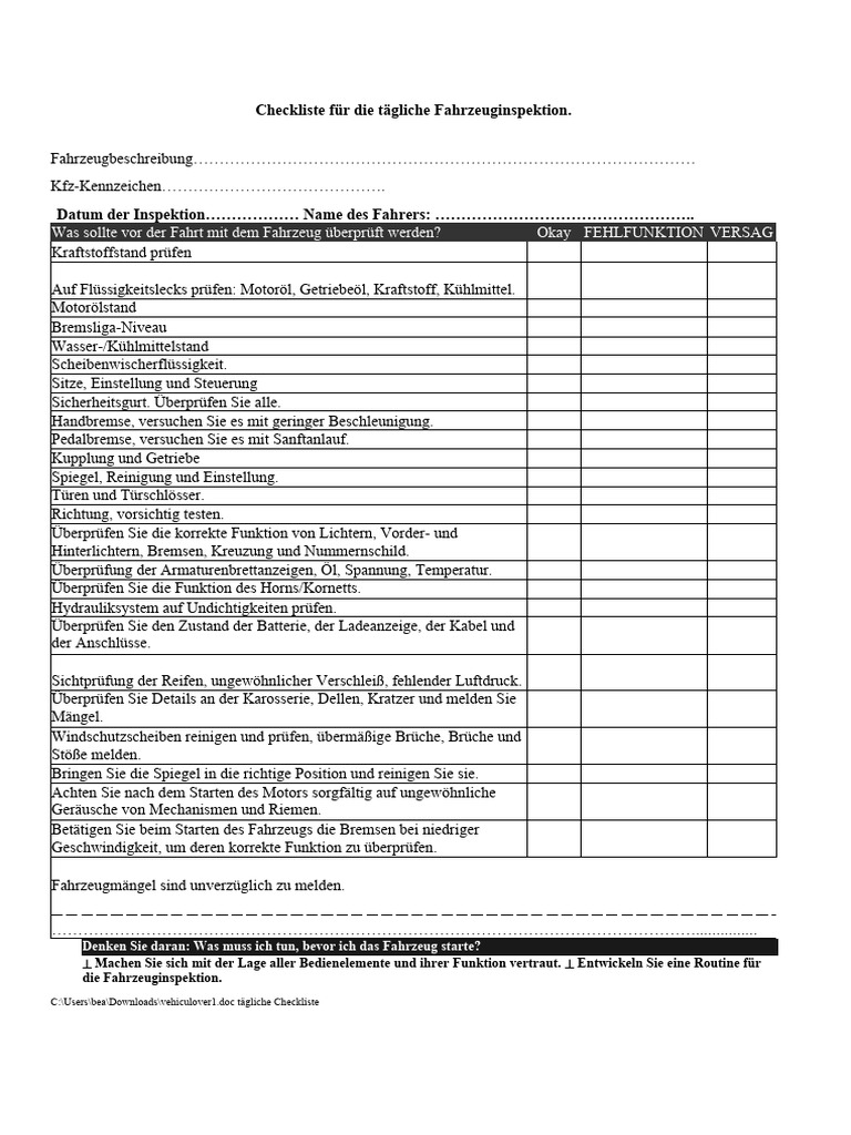Tägliche Fahrzeug-Checkliste Ver1 | PDF