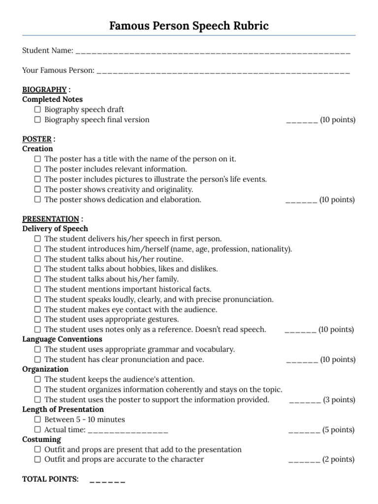 Famous Person Speech Evaluation Rubric | PDF | Language Arts & Discipline