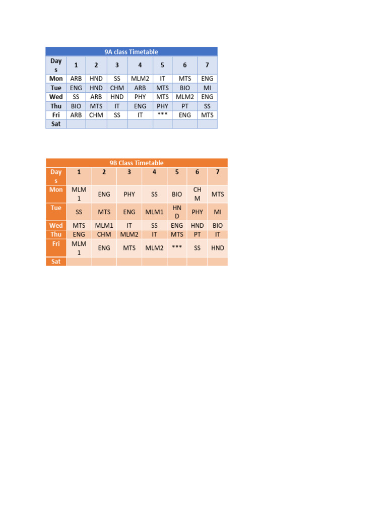 Class Time Table Pdf