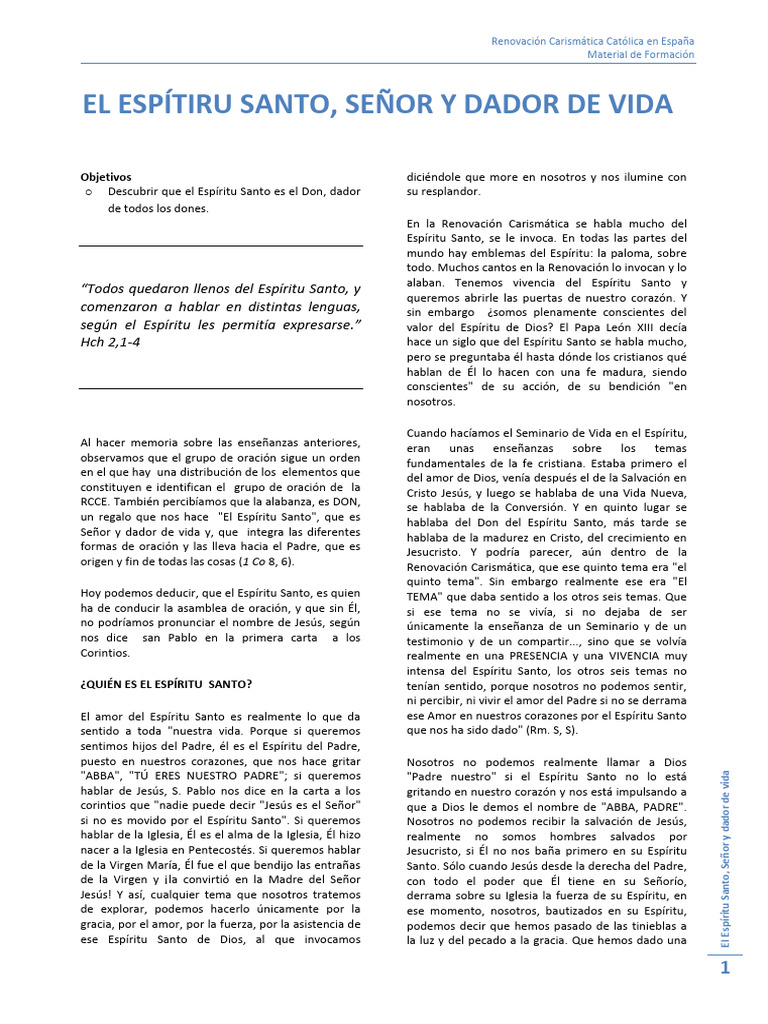 El Espritu Santo Seor y Dador de Vida | PDF