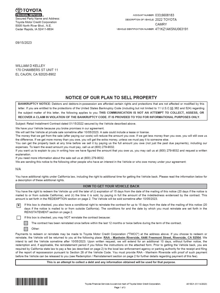 Toyota Vehicle Repossession Notice | PDF | Business | Finance & Money ...