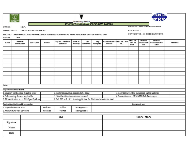 Incoming Material Inspection Report | PDF