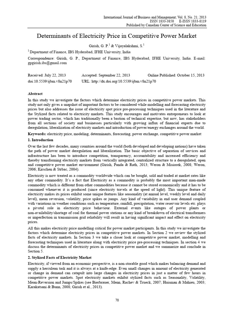 Determinants of Electricity Price in Competitive P | PDF