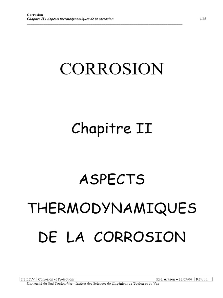 Corrosion chapitre ii aspects thermodynamiques de la corrosion 1 25