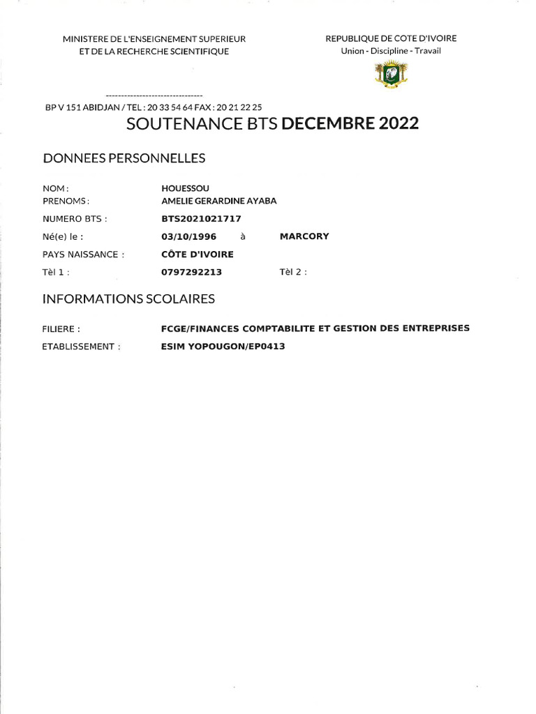 Fiche de Notation Soutenance BTS PDF