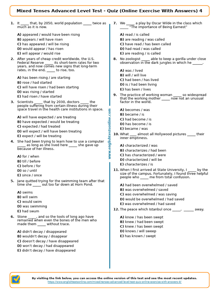 326 Mixed Tenses Advanced Level Test Quiz Online Exercise With Answers ...
