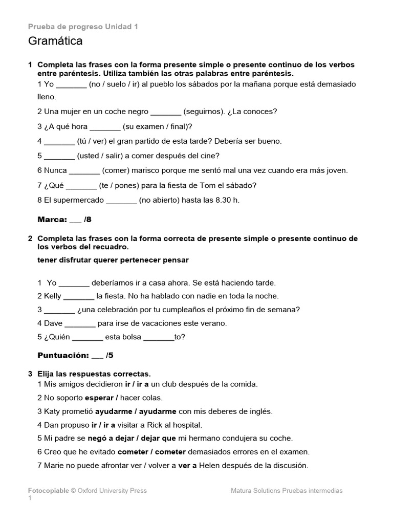Prueba de Progreso: Gramática y Vocabulario | PDF | Crecimiento ...